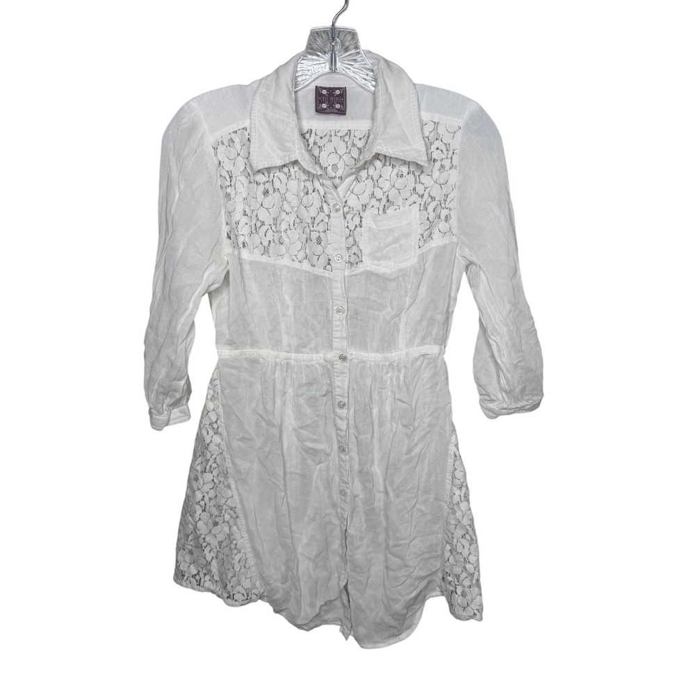 Free People White Lace Detail Button Down‎ Shirt Tunic Size 4